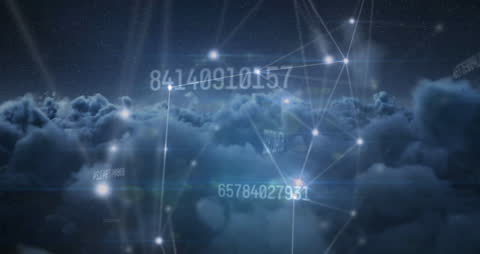 Glowing Digital Network Amongst Dark Clouds and Stars