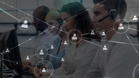 Customer Support Team Using Headsets with Digital Global Network Overlay