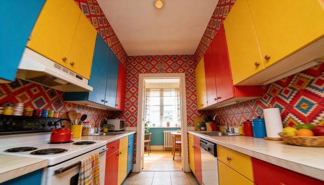 Retro colorful galley kitchen featuring red yellow blue cabinets and geometric wallpaper