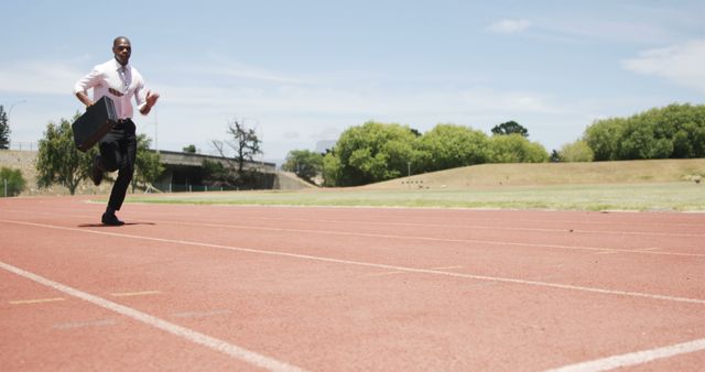 Businessman Running on Track Carrying Briefcase Under Clear Blue Sky - Download Free Stock Images Pikwizard.com