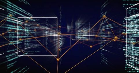 Streaming Code Network Visualizing 3D Connected Nodes, Wireframe Data Flow and Cyber Grid