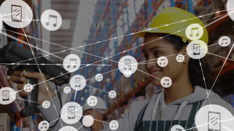 Woman in Warehouse Connected Through Digital Network