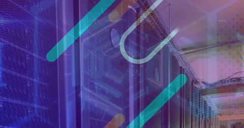 Futuristic digital graphics over a modern server room
