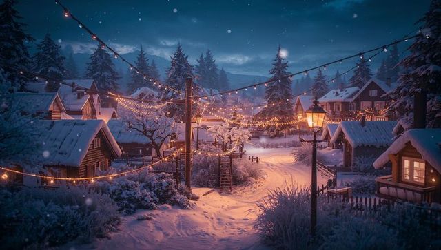 Charming Snow-Covered Village at Night With Festive Fairy Lights