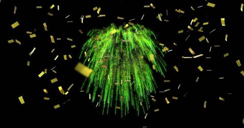 Green Fireworks and Gold Confetti Brighten Night Sky Celebration