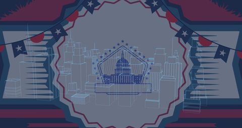 Digital Capitol City Skyline with USA Flags and Patriotic Elements