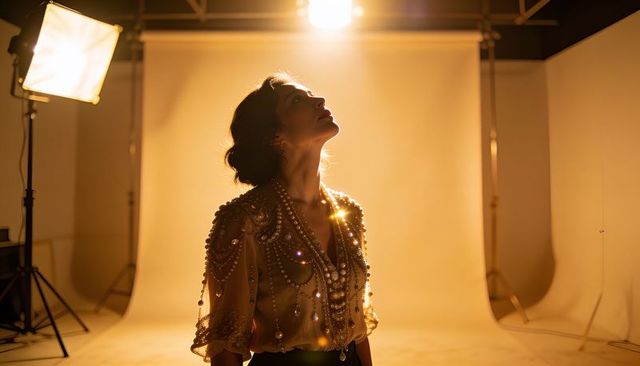 Modeling in golden backlight wearing beaded sheer blouse and layered pearl necklaces