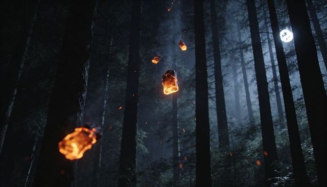 Molten ember fragments falling through moonlit pine forest, eerie night glow