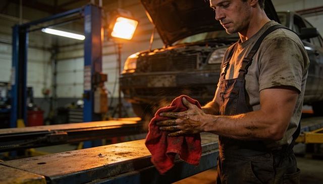 Wiping greasy hands with red rag at auto repair shop car lift mechanic working