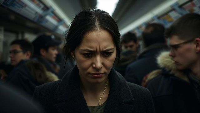 Frowning commuter navigating crowded subway during winter rush with tense expression, moody lighting