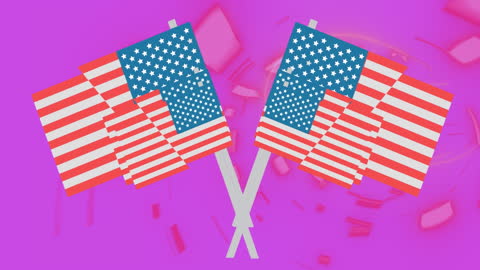 Animated American Flags Over Vibrant Pink Background