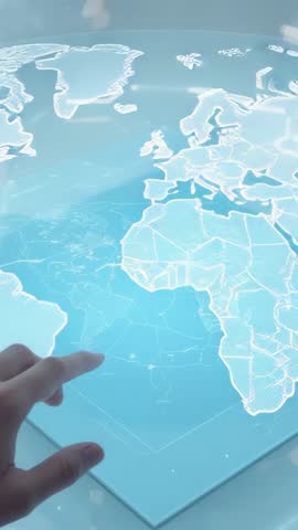 Hand Touching Holographic World Map on Transparent Table, Navigating Routes - Vertical Video
