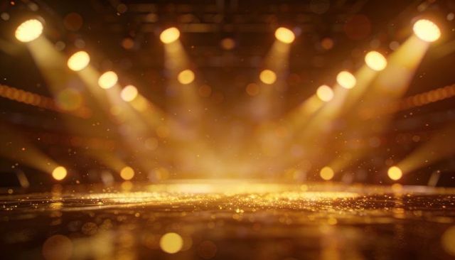 Golden Spotlight Stage with Glittering Floor and Cinematic Bokeh Lighting
