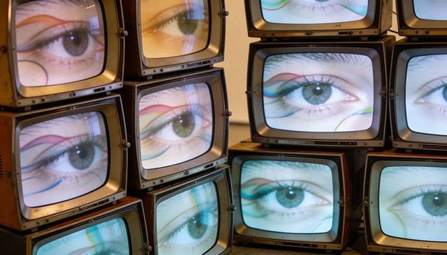 Stacked vintage crt monitors showing repeated eye closeups with colorful eyeliner