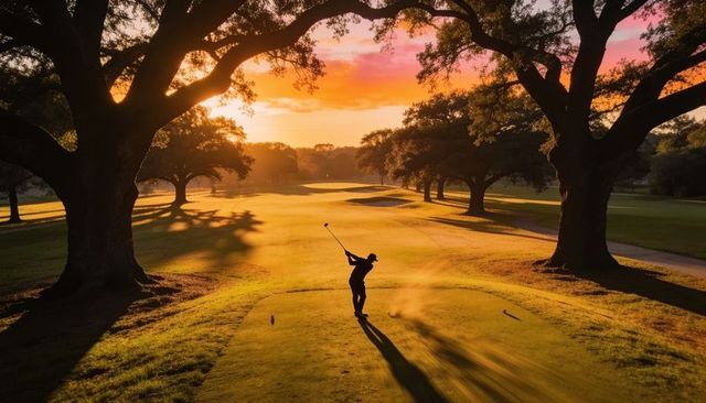 Golden sunset golfer silhouette swinging on oak-lined fairway at tee box with long shadows