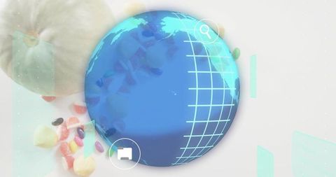 Holographic globe overlay with cyan grid and candy elements for digital interface concept