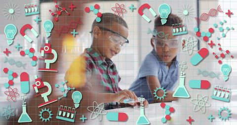 Curious Schoolboys Exploring Chemistry with Science Icons Overlay - Download Free Stock Images Pikwizard.com