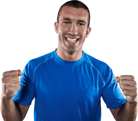 Smiling Athlete Celebrates Victory with Fist Raised