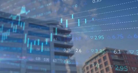 Urban property market data overlay showing candlestick charts and financial metrics