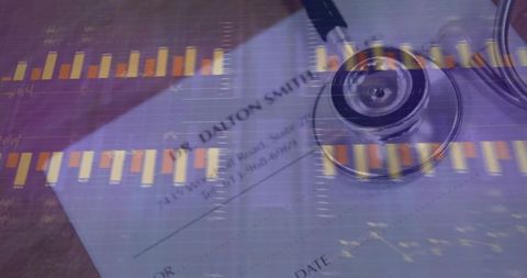 Stethoscope on medical form with overlaid analytics charts showing healthcare data trends