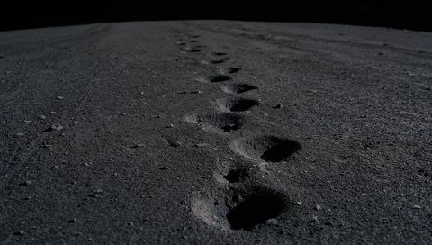 Lunar footprint trail crossing dark regolith at low sun angle conveying silent exploration