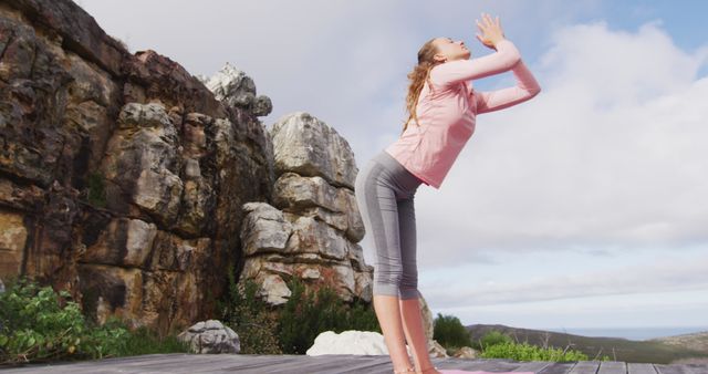 Woman Practicing Yoga Stretch Tropical Mountainside Outdoor - Download Free Stock Images Pikwizard.com