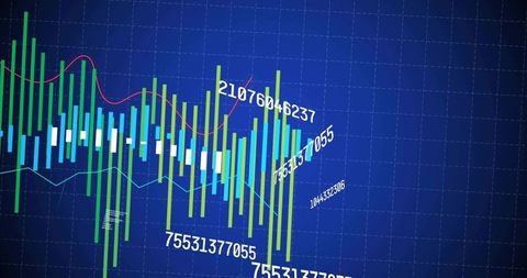 Showing financial market chart with candlesticks, volume bars and trend lines on blue grid