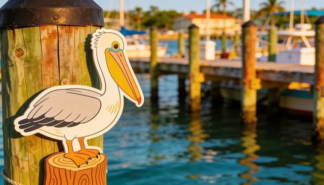 Featuring pelican cutout on weathered dock piling with sunlit marina and bokeh