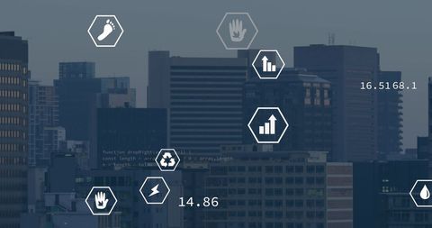 Futuristic Cityscape with Digital Interface and Data Streams