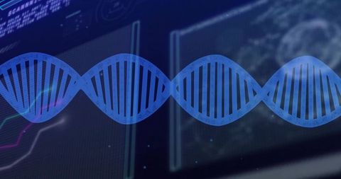 Blue DNA Helix on Futuristic Lab Interface Background