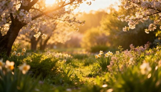 Sunlit Spring Orchard with Daffodils Blooming Beneath Flowering Tree Canopy