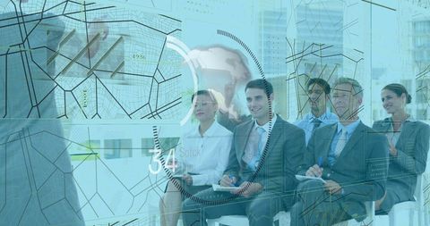 Diverse Business Team in Interactive Presentation with Digital Overlay