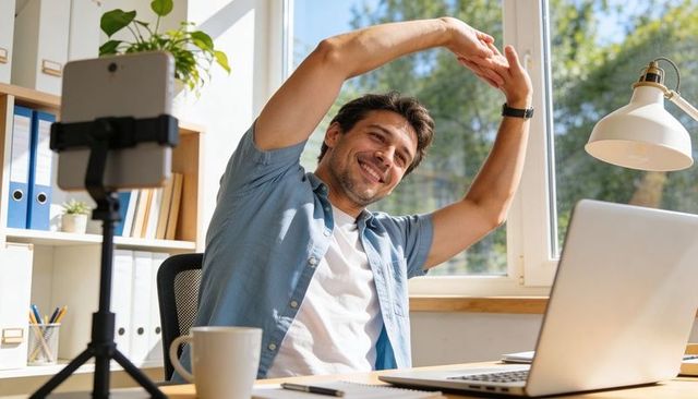 Man stretching at sunlit home office desk during remote work break, smiling and relaxed