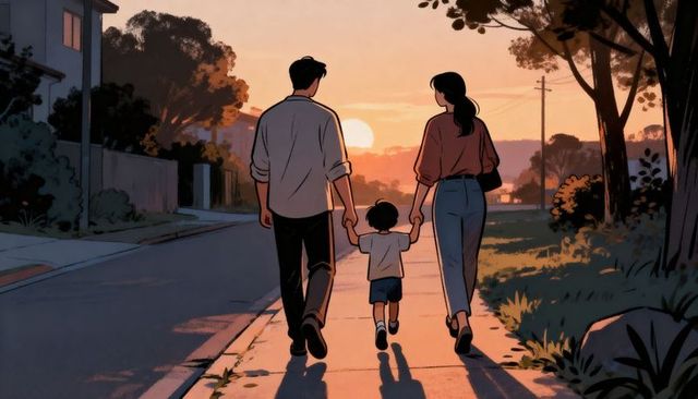 Family walking holding hands on suburban sidewalk at sunset with long shadows