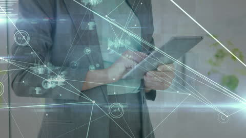 Businesswoman Using Tablet with Digital Data Network Overlay
