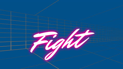 Neon Fight Text in Futuristic Blue Space with Grid Lines