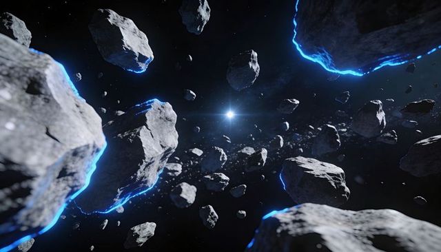 Drifting asteroid field with electric blue fissures and deep starfield glow
