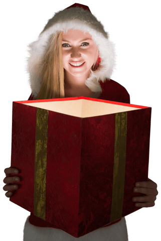 Festive Woman Opening Transparent Gift Box with Glow