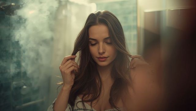 Woman tucking hair at steamy bathroom mirror, soft glow morning self-care