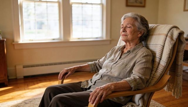 Senior woman resting in sunlit armchair, serene elder relaxing at home with cozy blanket