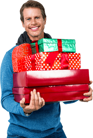 Transparent Smiling Man Holding Stack of Colorful Gift Boxes