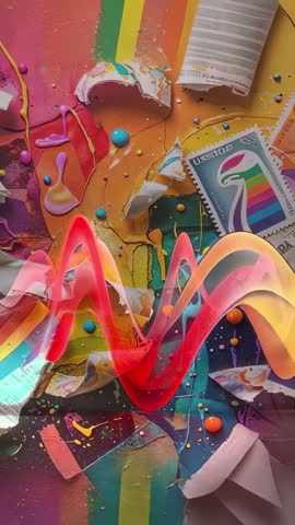 Pulsing Neon Waveform Animating Over Colorful Mixed-Media Collage with Rainbow Stamp