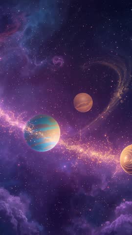 Blue-Green Planet Floating Through Purple Nebula with Shimmering Cosmic Dust