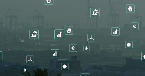 Digital Interface Icons Over Urban Skyline - Download Free Stock Images Pikwizard.com