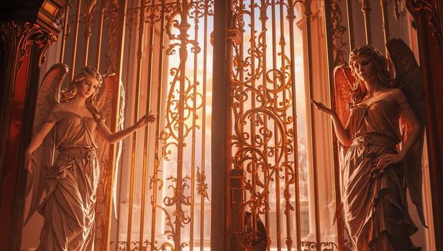 Ornate golden gate in grand palace with angel sculptures