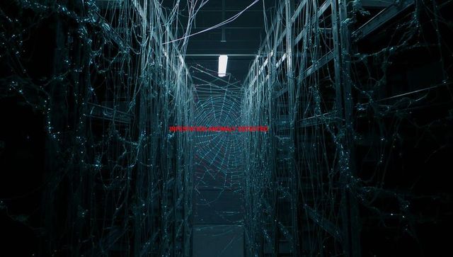 Glowing Cable Web Spanning Server Rack Aisle with Red Warning Text, Datacenter Infestation