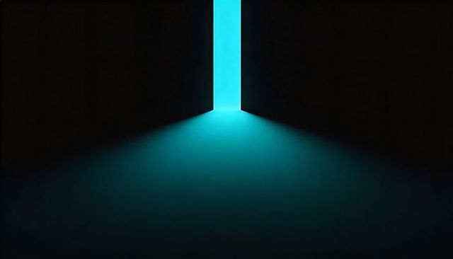 Cyan doorway casting vertical beam across dark reflective floor, futuristic minimalist