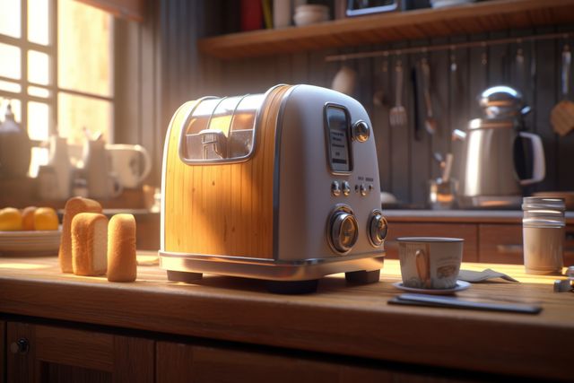 Retro-style toaster placed on a wooden kitchen counter with toasted bread slices beside it, emitting warm sunlight through a window, creating a homey and inviting atmosphere. Ideal for illustrations and designs focusing on morning routines, kitchen appliances, cozy home interiors, and breakfast-themed content.