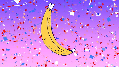 Banana Icon with Falling Confetti on Vibrant Background