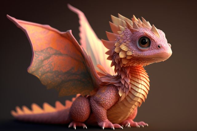 Ideal for fantasy-themed graphics, children's book illustrations, and magical storytelling visuals. This detailed representation of an adorable baby dragon with vibrant pink and orange scales can be used to enhance creative projects, enchanting posters, or inspiring digital art.